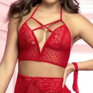 NEW ~ MAPALE ~. Lingerie Red Mesh Top w/ V-wire Extended Back Ties Small